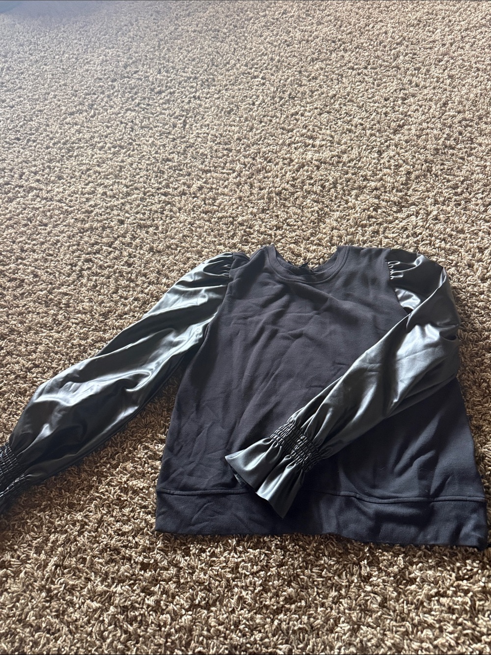 Black Top with Faux Leather Puff Sleeves